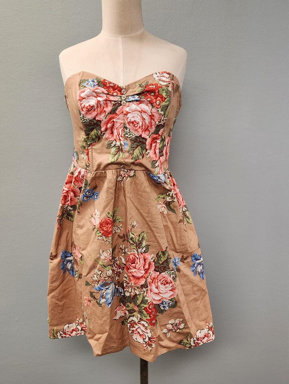 Romantic Floral Strapless Mini Dress Smocked Back Tan Pink M - Picture 2 of 8